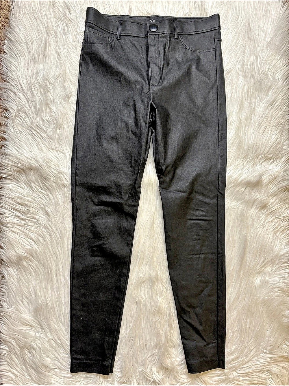 Zara Coated Skinny Pants in Black Like New, Size Large